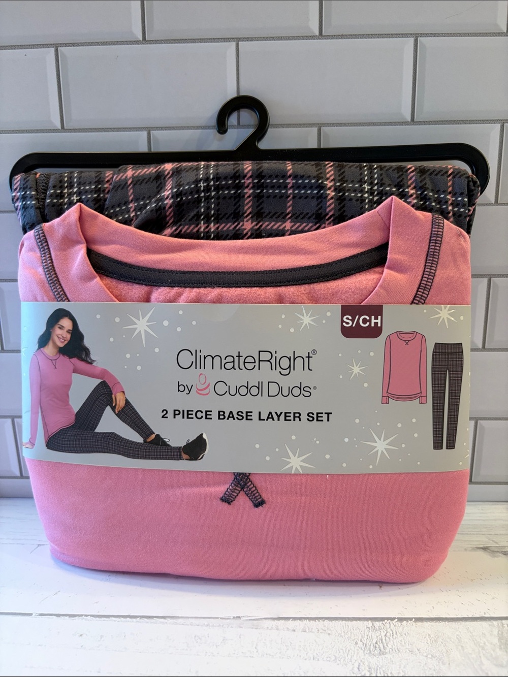 Cuddl Duds Pink Long-Sleeve Base Layer Set with Plaid Pants